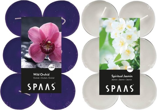 Candles by Spaas geurkaarsen - 24x stuks in 2 geuren Jasmin en Wild Orchid - Maxi theelichtjes