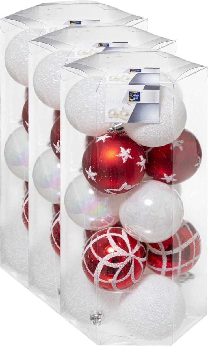 45x stuks kerstballen mix wit/rood glans/mat/glitter kunststof diameter 5 cm - Kerstboom versiering