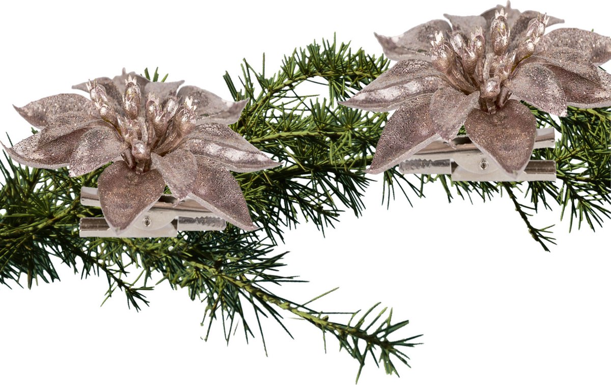Cosy&Trendy Cosy & Trendy Kerstster - 2x stuks - roze glitter - op clip - 9 cm - kerstversiering bloemen - kunststof