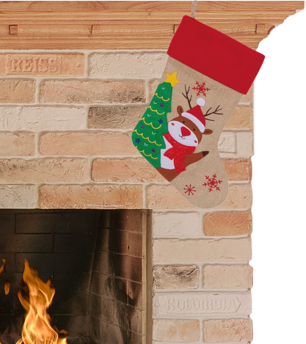 Kerstsok - beige met rood - H46 cm - polyester - met rendier
