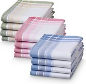 Mouchoirs femme et homme JEMIDI 100% coton - 28,5 x 28,5 cm - Combinaison de blanc avec du vert, du rose ou du bleu - Set de 12 - Mouchoirs réutilisables