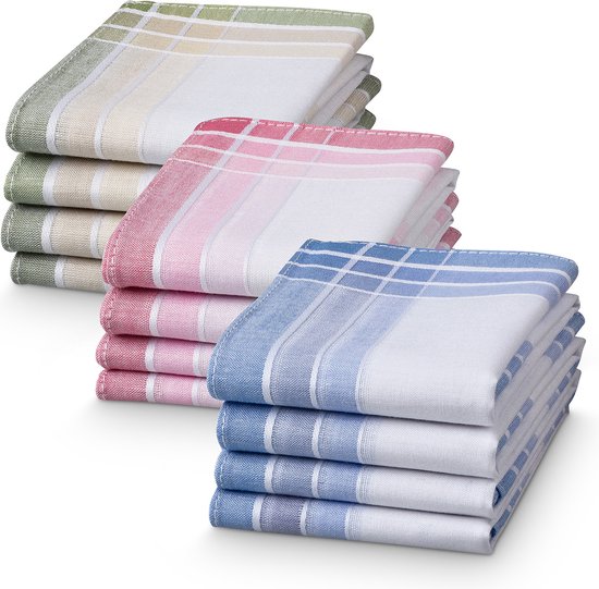 JEMIDI dames- en herenzakdoeken 100% katoen - 28,5 x 28,5 cm - Combinatie van wit met groen, roze of blauw - Set van 12 - Herbruikbare zakdoeken