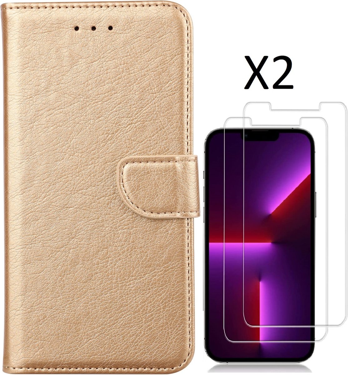 Hoesje Geschikt voor iPhone 14 Pro – bookcase met 2 stuks screenprotector tempered glass – Goud