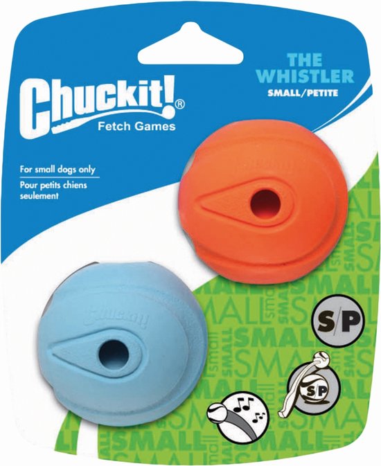 Chuckit! The Whistler, een set van twee hondenballen in blauw en oranje, klein formaat.