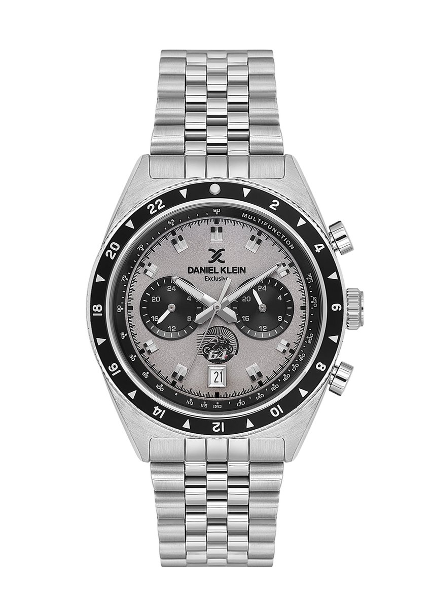 Daniel Klein DK.1.13994-1 - Horloge - Polshorloge - Analoog - Mannen - Heren - Stalen band - Rond - Metaal - Streepjes - Driehoeken - Datumaanduiding - Kalender - Dual Time - Kalender - Reset - Zilverkleurig - Zwart - Wit - Crème