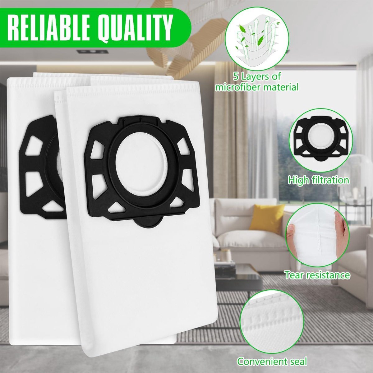 Allecto Premium - Set van 6 Stofzakken + 2 HEPA-filters voor Stofzuiger - Compatibel met Kärcher WD4 WD5 WD6 MV4 MV5 MV6 WD5P WD6P - Stofzuiger Accessoire Kit