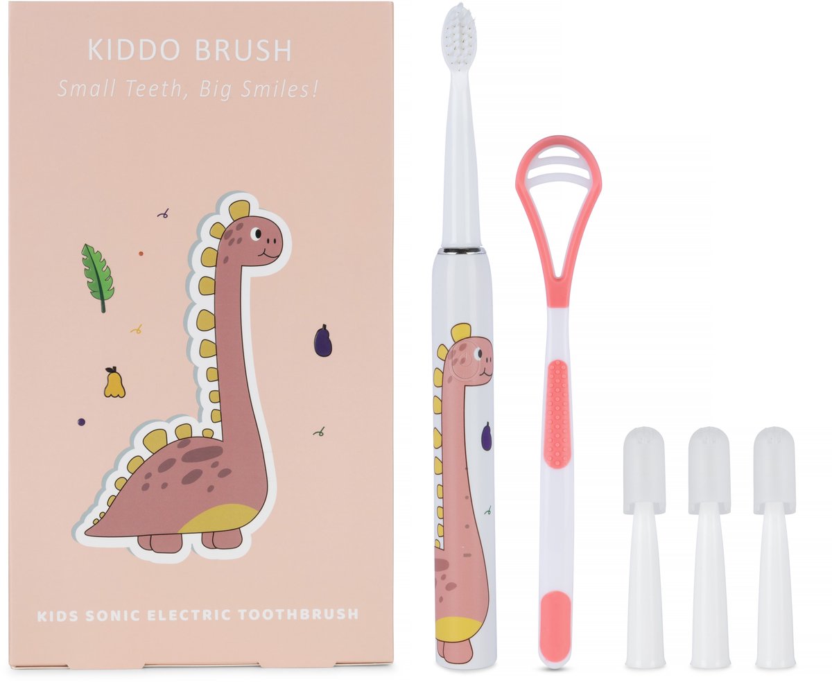 Kiddo Brush Elektrische Tandenborstel voor Kinderen (Vanaf: 3+ jaar) - Inclusief 4 opzetborstels & Tongscraper - 100 dagen batterijduur - Kindertandenborstel geschikt voor kind & peuter - Dino