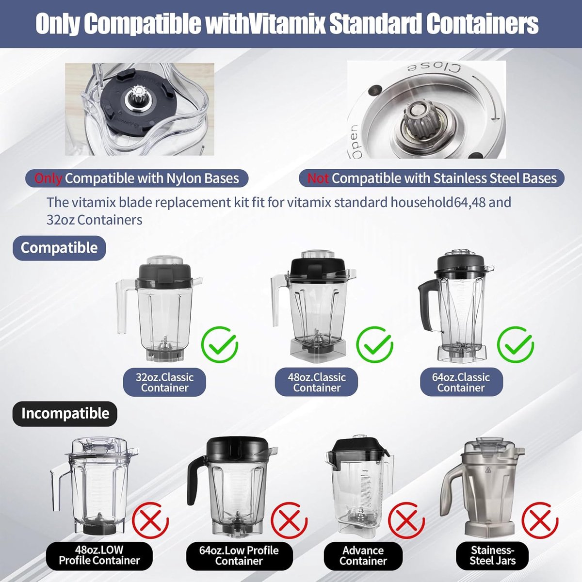 Geschikt voor Vervangende onderdelen voor blendermes compatibel met Vitamix, vervanging voor natte messen voor 5200, 5000, Pro 500, 5500, standaard 64oz, 48oz en 32oz containers, droge messenset met sleutel en aandrijfsleutelset – foto 2