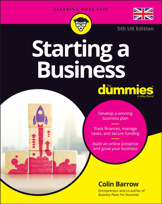 Boek 'Starting a Business for Dummies, 5e editie VK'. Houten blokken met een raket en pijlen, met de tekst 'Develop a winning business plan'.