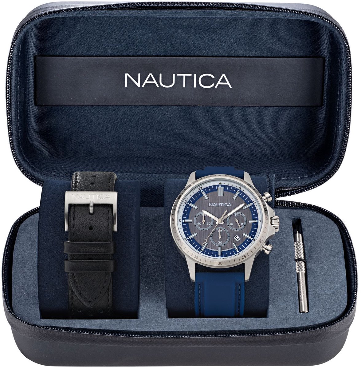 Nautica Nct Blueocean Quartz Chronograaf Horloge Zwart Blauw Kast: 100% Roestvrij Staal. Armband: 100% Siliconen 45 NAPBOS501, NAPBOS503, NAPBOS504