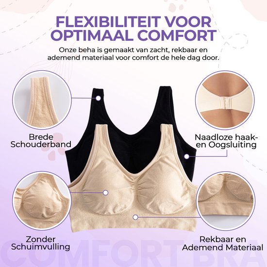 Zwarte en beige naadloze BH's met brede schouderbandjes, naadloze haak- en oogsluiting, zonder schuimvulling, van rekbaar en ademend materiaal.