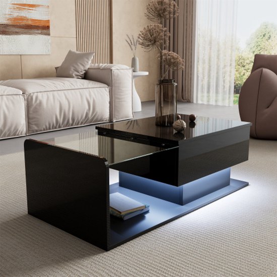 Salontafel in hoogglans wit en hout kleurencombinatie. Bijzettafels, salontafels met glas en LED-effect