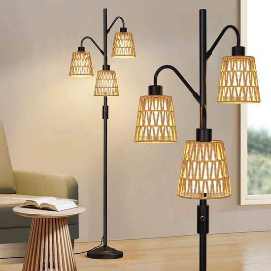 Lampadaires Rosnek - Lampadaire Boho en rotin 174 cm à intensité variable - 3 points lumineux avec lampadaire rustique et industriel - Lampe moderne en forme d'arbre pour salon, chambre ou bureau