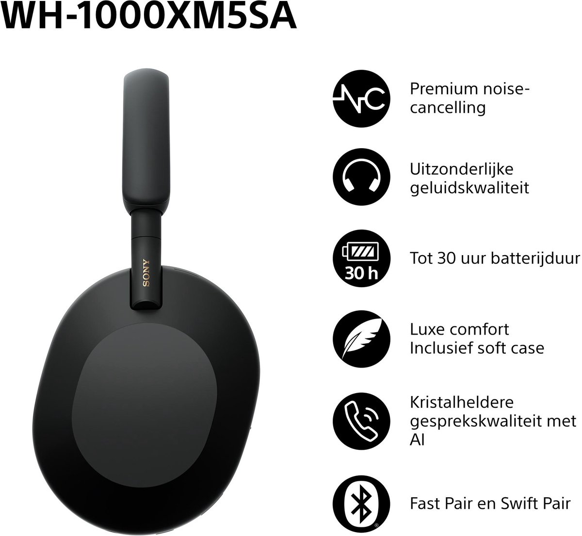 Sony WH-1000XM5SA – Draadloze koptelefoon met Noise Cancelling – Limited Soft Case Edition - Zwart — afbeelding 6