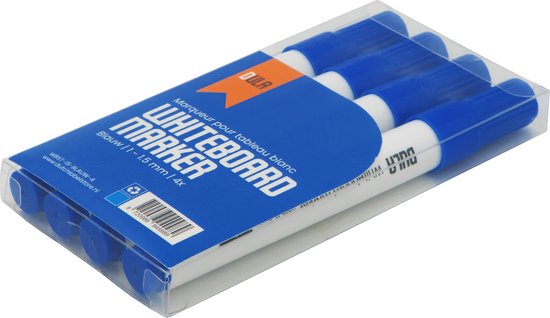 Blisterverpakking met vier blauwe DULA whiteboardmarkers.