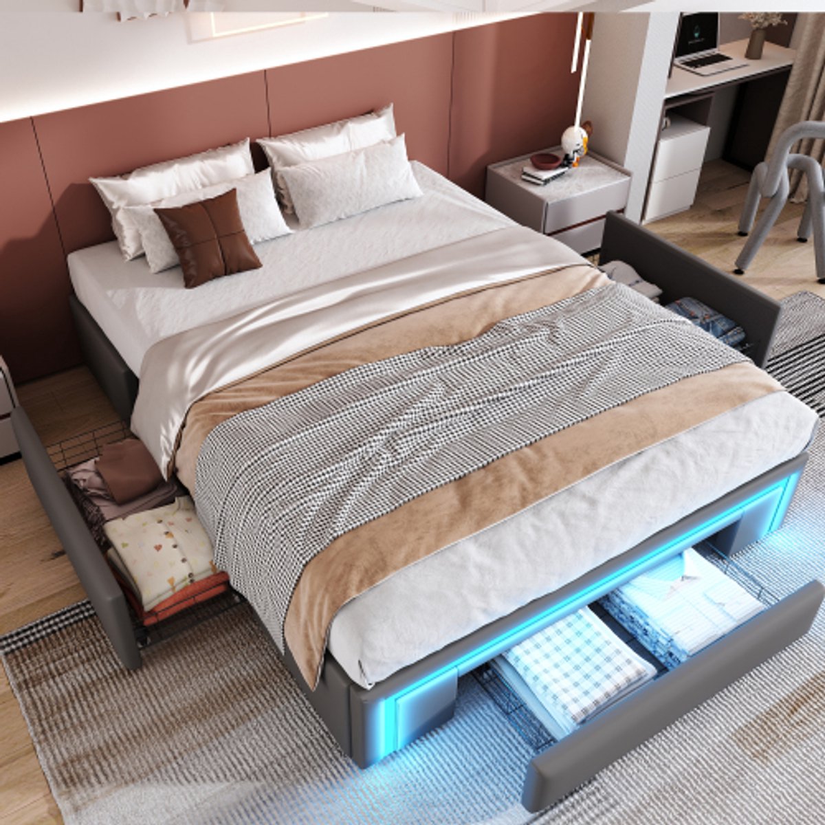 Bedframe 140X200 met laden, PU lederen bed zonder hoofdeinde Met LED-lichtlijst, metalen lattenbodem voor moderne slaapkamers Grijs
