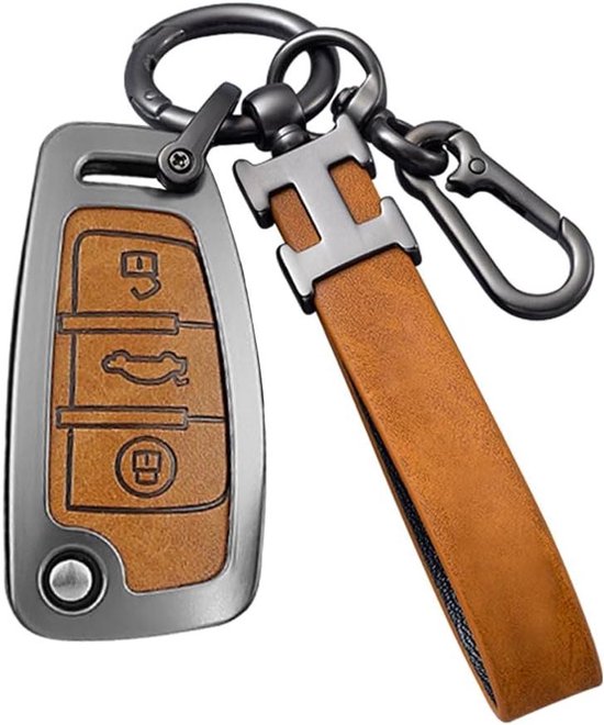 Étui à clés de voiture pour Audi A1 A3 A4 A6 A8 Quattro Q3 Q7 S3 S6 - Alliage de zinc avec porte-clés en cuir