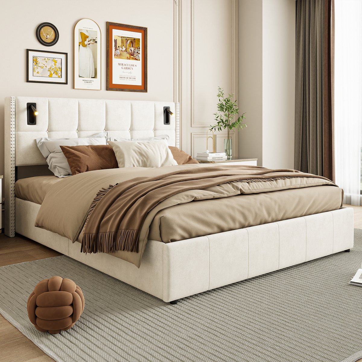 Gestoffeerd bed 140x200 cm tweepersoonsbed Jongerenbed met lattenbodem en 4 laden, hoofdeinde met leeslamp en USB, bedframe voor volwassenen en tieners, zonder matras, fluweel beige