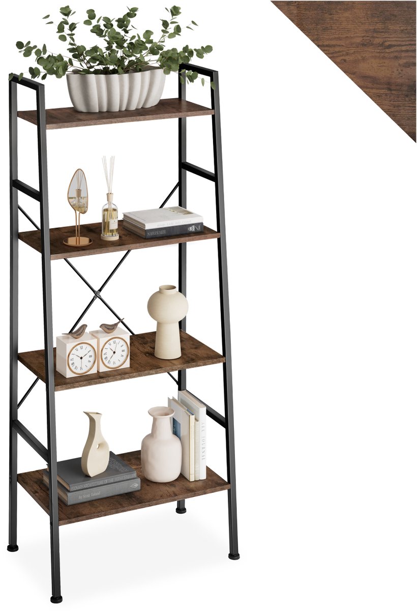 tectake® Wandkast met 4 niveaus - Houten boekenkast met 4 planken - Industrieel design - Voor woonkamer, keuken, kantoor - Zwart metalen frame - Afmeting (LxBxH) 61,5 x 36,5 x 150 cm - Donkerbruin