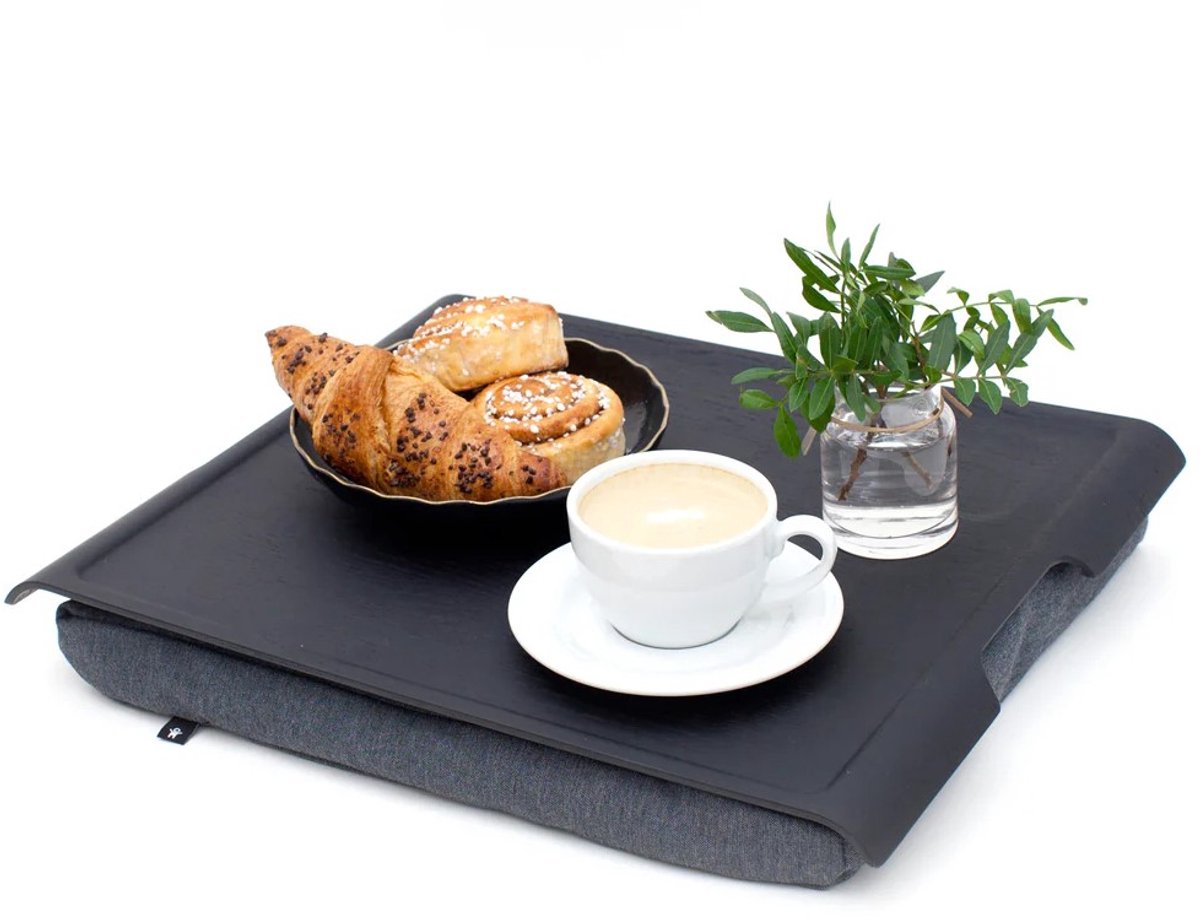 Bosign Laptray, Schoottafel, schootkussen, laptoptafel met lichte Antislip Zwart Wilgenhouten blad - Grijs kussen - 46 x 38 x 6.5 cm