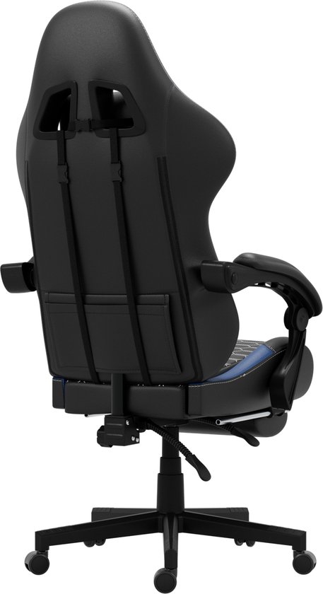 Achterkant van een zwarte gamerstoel met blauwe accenten en een HICON logo op de rugleuning.