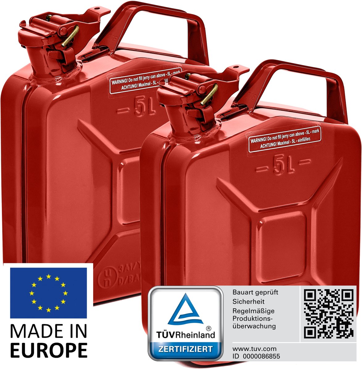BW® Fuel Canister Metalen Benzineblik - Jerrycan 2x 5 liter - Rood - TÜV-getest en UN-goedgekeurd - Gemaakt in Europa