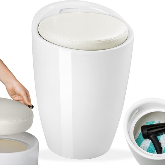 tectake® Badkamerkruk Rond - ABS-Kunststof - Met Opbergruimte en Zitkussen - Diverse Kleuren - (Wit Wit | Nr. 402077)
