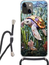Telefoonhoesje Geschikt voor iPhone 13 - Schildpad - Zeewier - Mozaïek - Siliconen - Crossbody - Backcover met Koord - Telefoonhoesje met koord - Hoesje met touw Telefoonhoesje