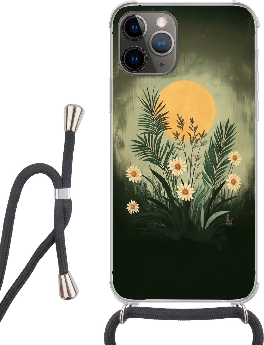 Telefoonhoesje Geschikt voor iPhone 11 Pro - Bloemen - Bladeren - Zon - Groen - Siliconen - Crossbody - Backcover met Koord - Telefoonhoesje met koord - Hoesje met touw Telefoonhoesje