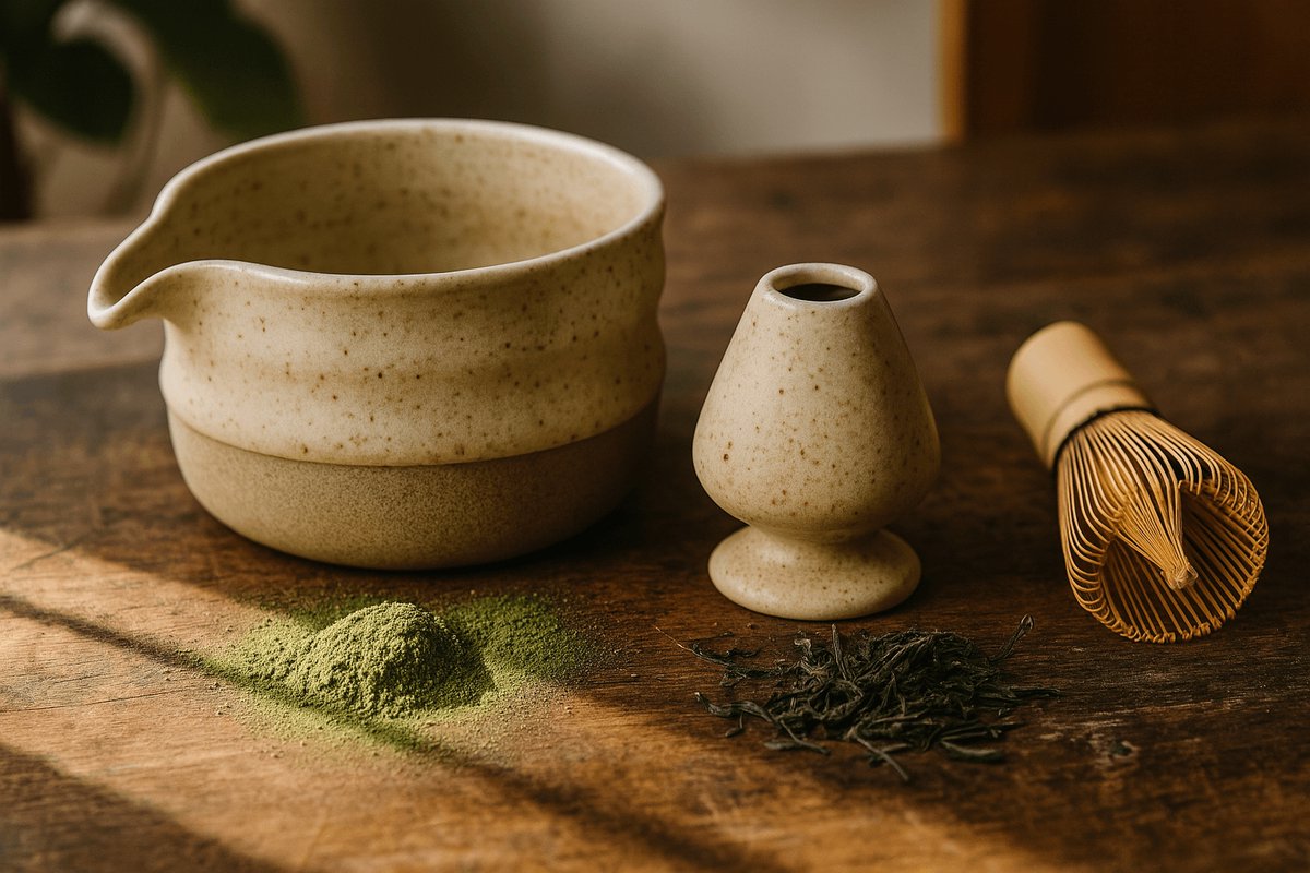 Matcha Set Tsuchi – Handgemaakte Matchakom & Houder voor de klopper – Keramiek – 500ml – Japans Design – Theeritueel – Chawan & Kusenaoshi – Zandkleurig