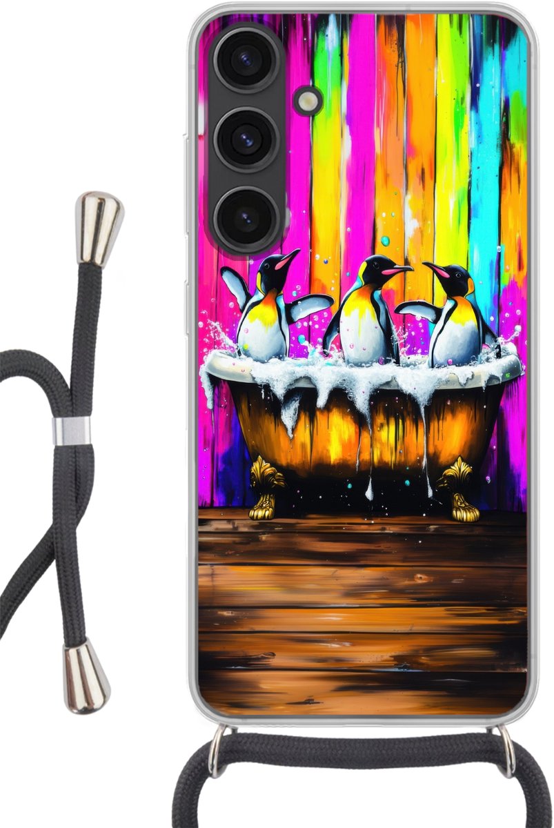 Telefoonhoesje Geschikt voor Samsung Galaxy S24 - Pinguïns - Badkuip - Kleurrijk - Schuim - Siliconen - Crossbody - Backcover met Koord - Telefoonhoesje met koord - Hoesje met touw Telefoonhoesje
