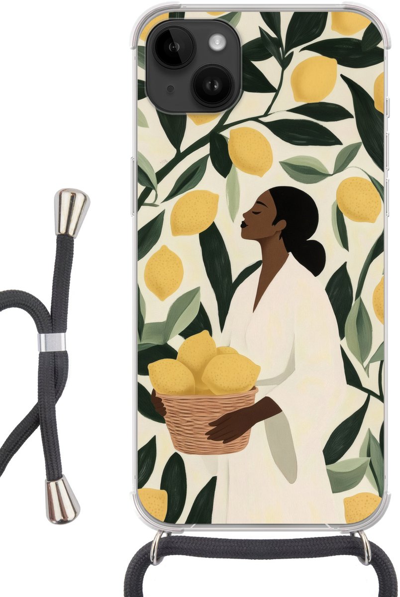 Telefoonhoesje Geschikt voor Apple Iphone 14 Max - Vrouw - Mand - Citroenen - Bladeren - Siliconen - Crossbody - Backcover met Koord - Telefoonhoesje met koord - Hoesje met touw Telefoonhoesje