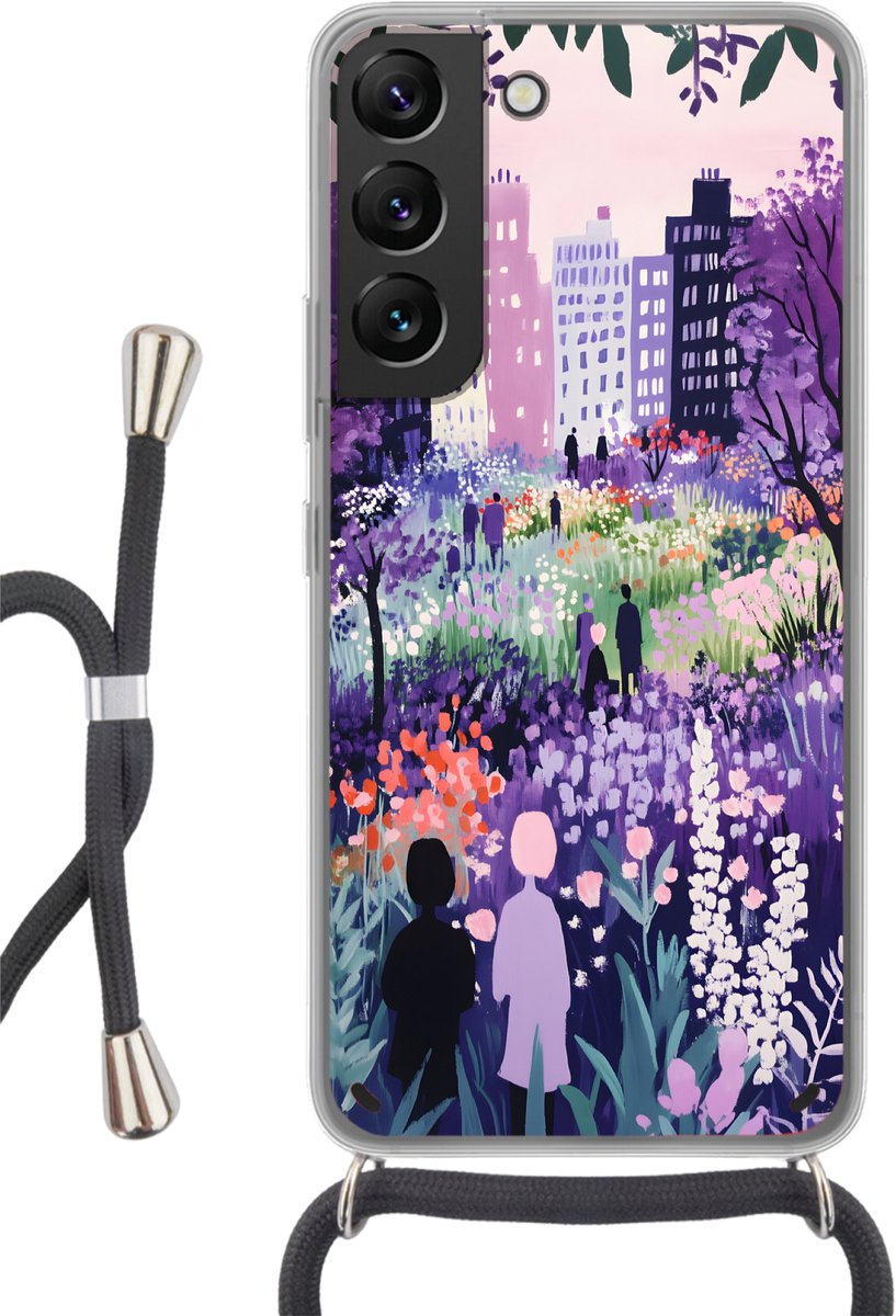 Telefoonhoesje Geschikt voor Samsung Galaxy S22 - Park - Bomen - Bloemen - Gebouwen - Siliconen - Crossbody - Backcover met Koord - Telefoonhoesje met koord - Hoesje met touw Telefoonhoesje