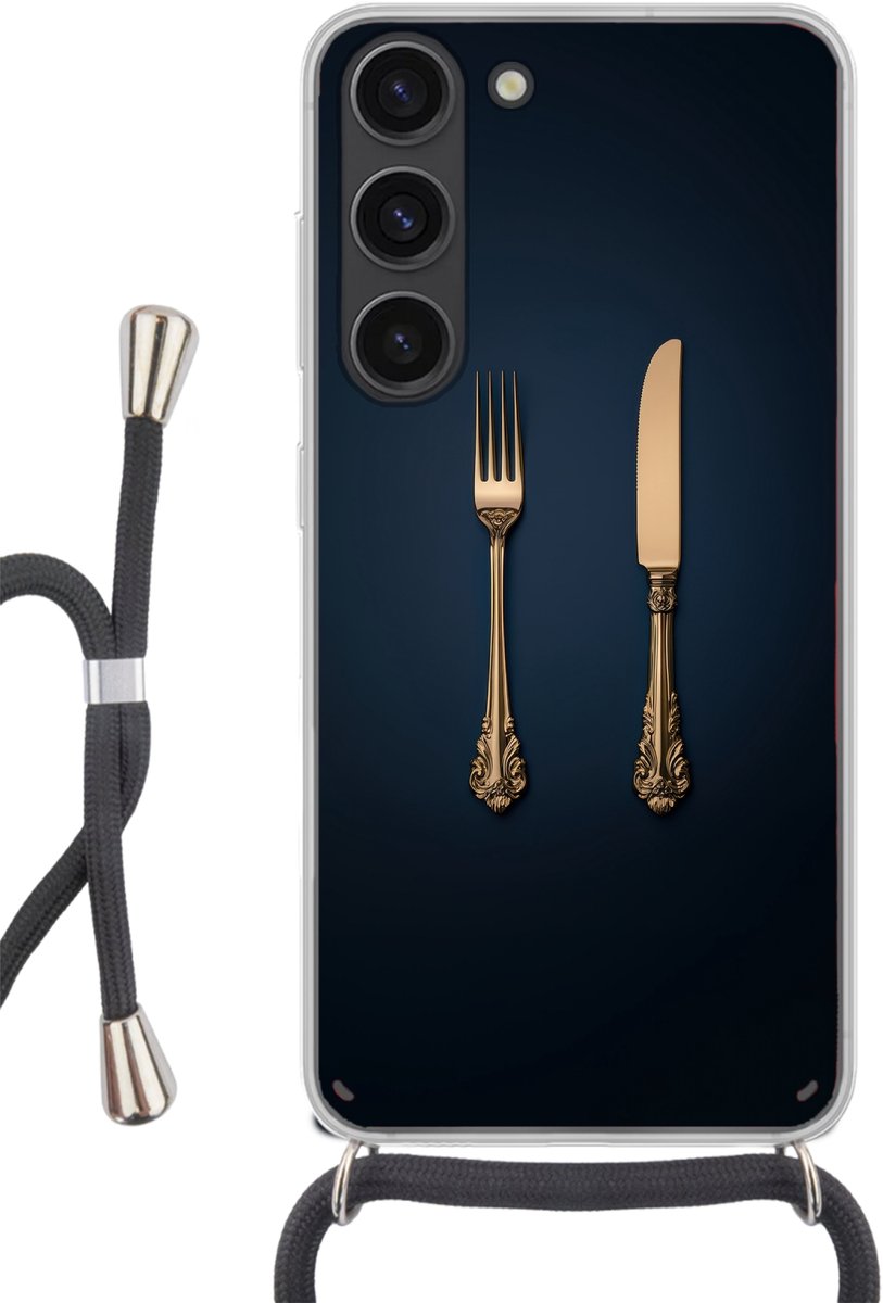 Telefoonhoesje Geschikt voor Samsung Galaxy S23 - Bestek - Donkerblauw - Goud - Siliconen - Crossbody - Backcover met Koord - Telefoonhoesje met koord - Hoesje met touw Telefoonhoesje