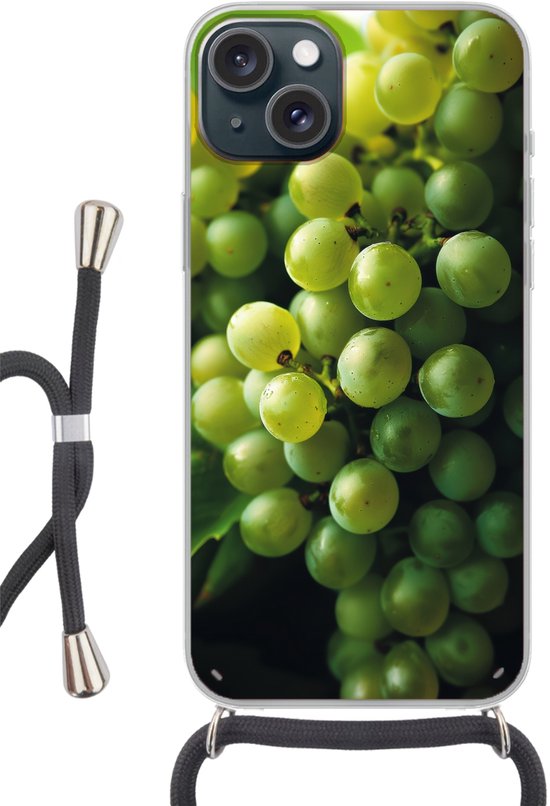 Telefoonhoesje Geschikt voor iPhone 15 - Druiven - Tros - Groen - Siliconen - Crossbody - Backcover met Koord - Telefoonhoesje met koord - Hoesje met touw Telefoonhoesje