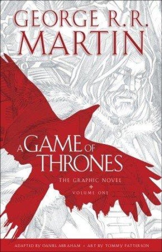 Couverture de livre avec un oiseau rouge et 'A Game of Thrones' en lettres blanches. Texte de George R.R. Martin.