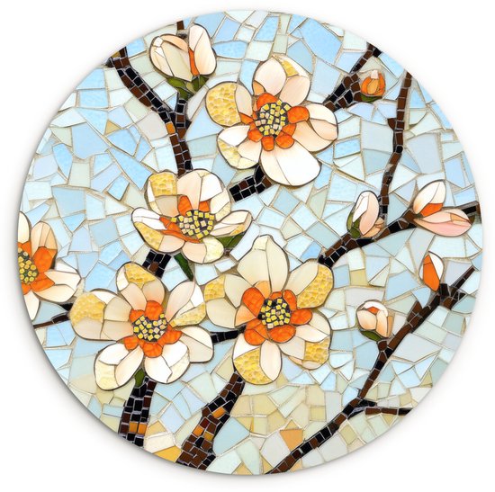 WallCircle® Cercle Mural 60x60 cm - Cercle Mural Fleurs - Wit - Mosaïque - Branche - Décoration murale salon - Décoration murale chambre - Accessoires de décoration de chambre - Tableaux ronds
