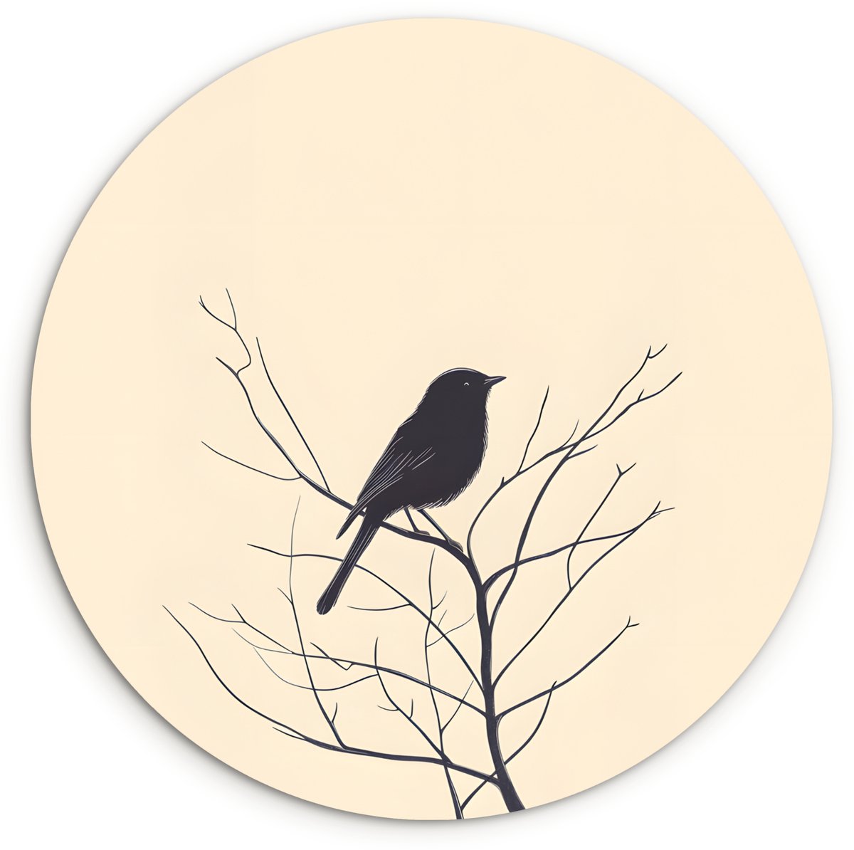 WallCircle Wandcirkel 60x60 cm - Muurcirkel Vogel - Zwart - Tak - Minimalistisch - Muurdecoratie woonkamer - Wanddecoratie slaapkamer - Kamer decoratie accessoires - Ronde schilderijen Vogel - Tak