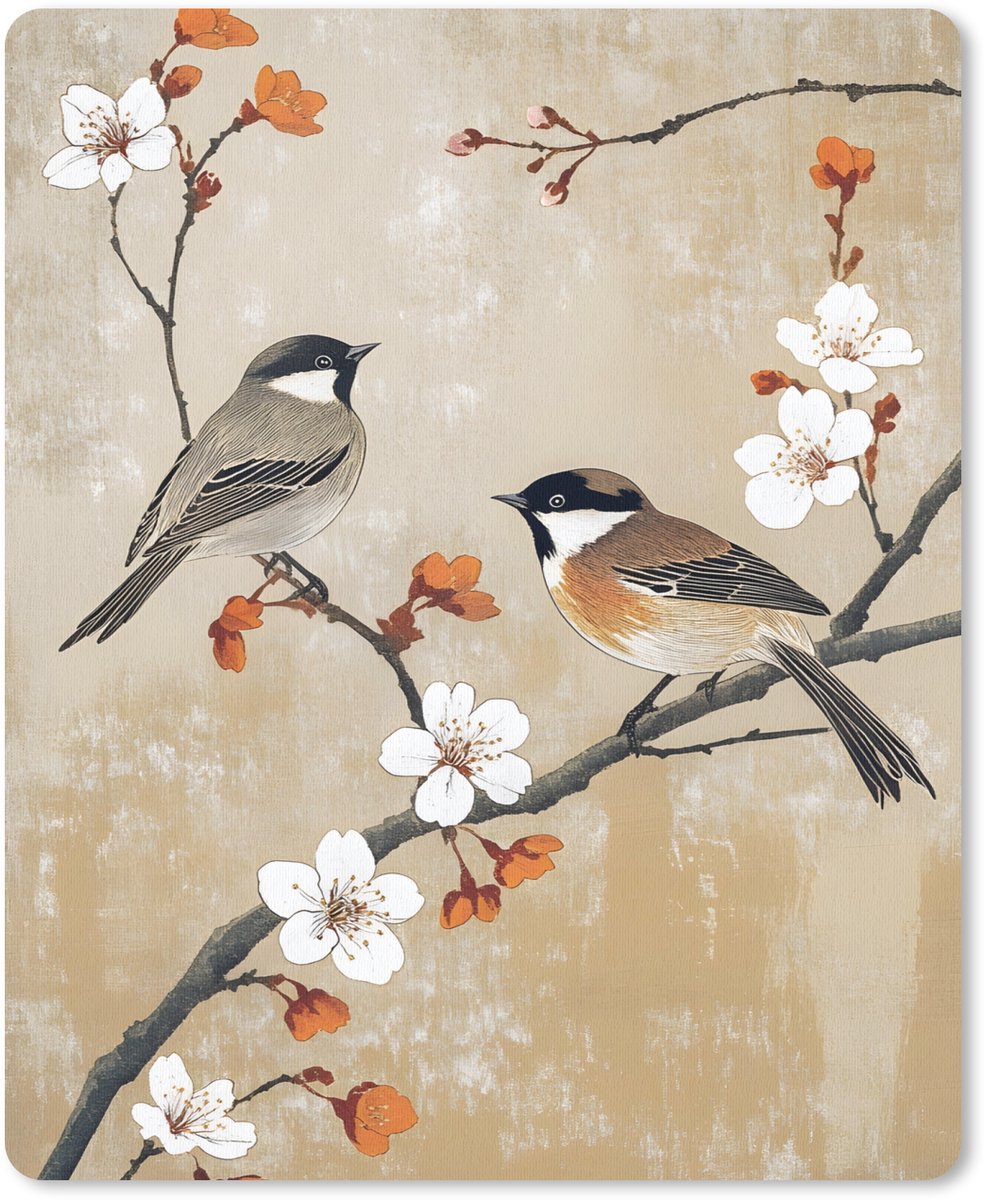 Muismat 19x23 cm - Mousepad Vogels - Bloesemtak - Bloemen - Oranje - Muismatten