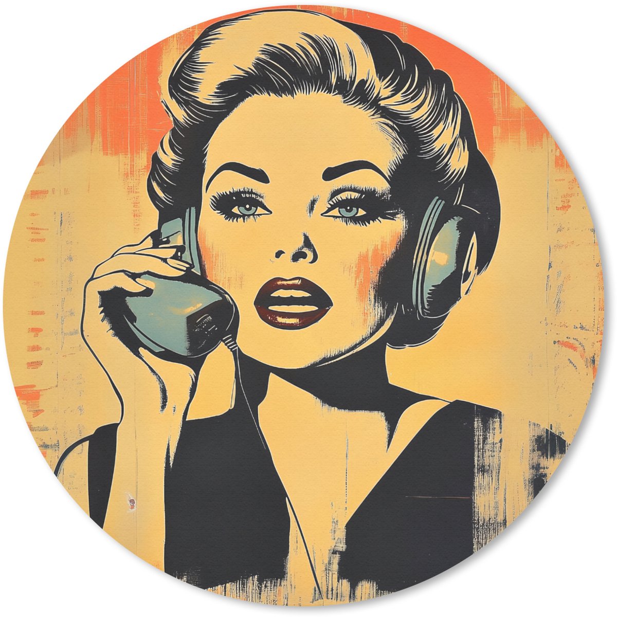Muismat rond 40x40 cm - Mousepad Retro - Vrouw - Koptelefoon - Oranje - Ronde muismatten