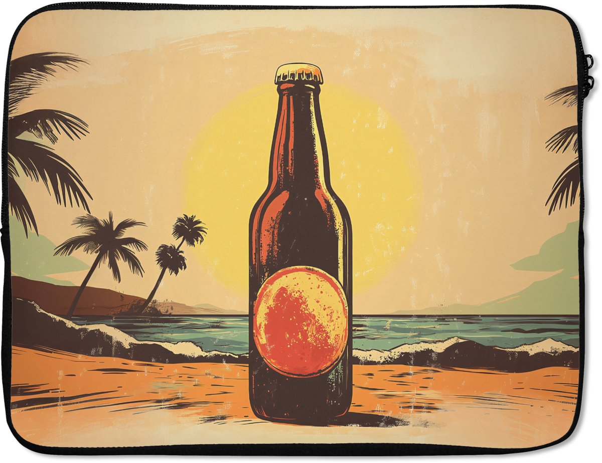 Laptophoes 15.6 inch - Bierfles - Zonsondergang - Palmbomen - Zee - Laptop sleeve - Binnenmaat 37x26 cm - Zwarte achterkant