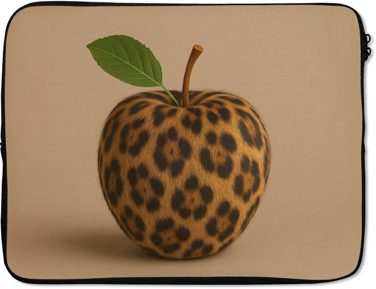 Laptophoes 17 inch - Appel - Panter - Blaadje - Groen - Laptop sleeve - Binnenmaat 41x28 cm - Zwarte achterkant