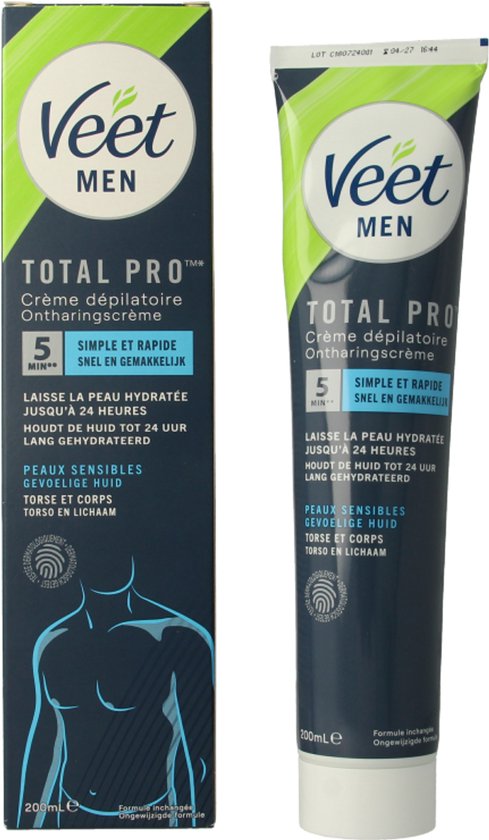 Veet Men Total Pro ontharingscrème. Doos en tube met groene en blauwe accenten. Schematische weergave van een mannentorso.