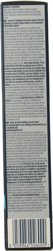 Ingrediënten en gebruiksvoorzorgen voor Veet Men ontharingscrème. Barcode onderaan de doos.