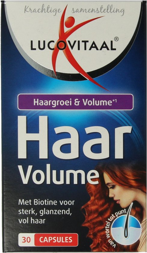 Doos "Haar Volume" supplement met afbeelding van vrouw met rood haar.