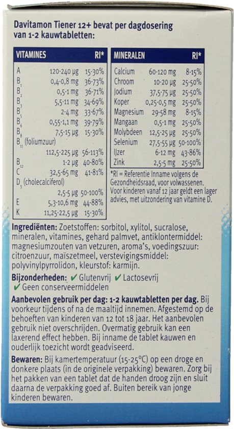 Ingrediënten en gebruik van Davitamon Tiener 12+ kauwtabletten.