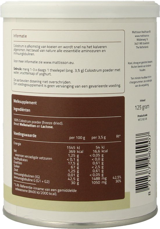 Mattisson - Colostrum Poeder - 30% igG - Biestmelk Supplement - 125 Gram