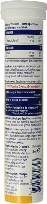 Achterkant van de verpakking met ingrediënten en informatie over Davitamon Vitamine C + extra D3.