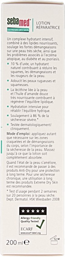 Achterkant van de Sebamed Repair Lotion verpakking met beschrijving van de werking en ingrediënten in het Nederlands en Frans.