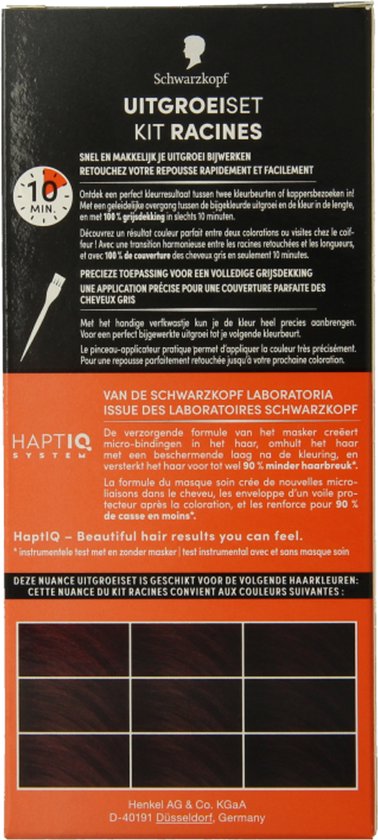 Schwarzkopf uitgroei set R4 voor bruin haar, met stappen en resultaten.